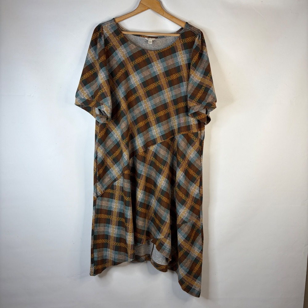 Cato Dress Women 22/24W Brown Plaid Asymmetrical Hem Pockets Short Sleeve